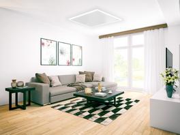 Wohnzimmer mit Infrarotheizung in Deckenmontage mit LED Lichtrahmen