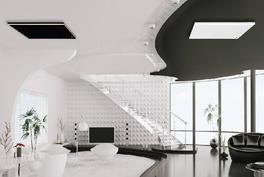 easyTherm® Infrarotheizungen schwarz und weiß mit Licht im Wohnzimmer
