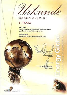 Energy Globe Award easyTherm® Infrarotheizung Platz 5 Urkunde