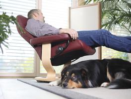 [Translate to Englisch:] Mann in Sessel und Hund auf dem Teppich mit Infrarot Standpaneel im Hintergrund