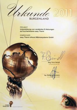 Energy Globe Awards für easyTherm® Infrarotheizungen Urkunde