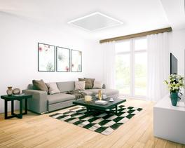 [Translate to Französisch:] Wohnzimmer mit Infrarotheizung in Deckenmontage mit LED Lichtrahmen
